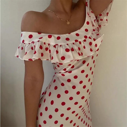 vzyzv  -  French Retro Red Porka Dot Strapless Long Holiday Dress New Summer Fashion Ruffles Fairy Beach Dress Off Shoulder Seaside Skirt