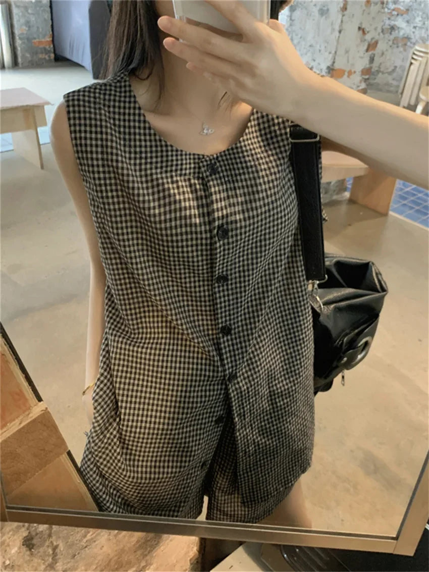 vzyzv  -  Minimalist Women Two Pieces Suits Chic Office Lady Vest Coats Plaid Wide Leg Shorts Loose Work Wear Elegant Set