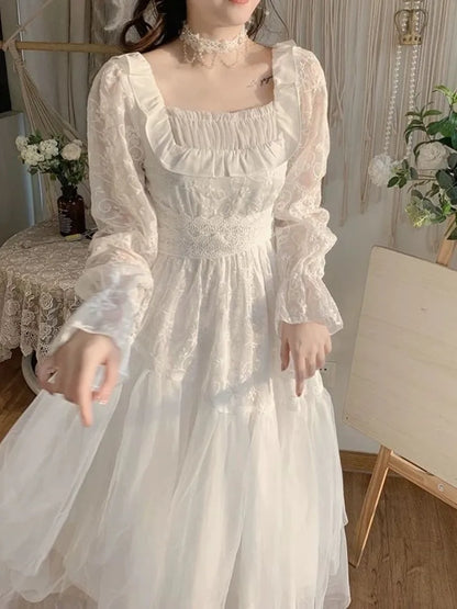 vzyzv -  Vintage Elegant Evening Party Long Dress Women Lace France Retro Princess Fairy White Korea Sweet Dress Female Summer