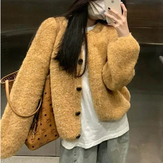 vzyzv  -  Solid Yellow Knit Sweater Cardigan Women Autumn Soft Sweet Slouchy Long Sleeve Round Neck Cute Schoolgirl Daily Loose Outerwear