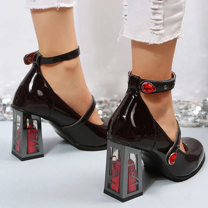 nvxiot  -  Lucyever Gothic Rose High Heels Pumps Women 2024 Fashion Patent Leather Mary Jane Shoes Woman Ankle Strap Cosplay Lolita Shoes