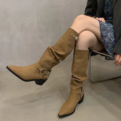 vzyzv  -  Winter Western Cowboy Boots Women Fashion Slip On Long Boots Female Elegant Square Heel Women's Knight Botties