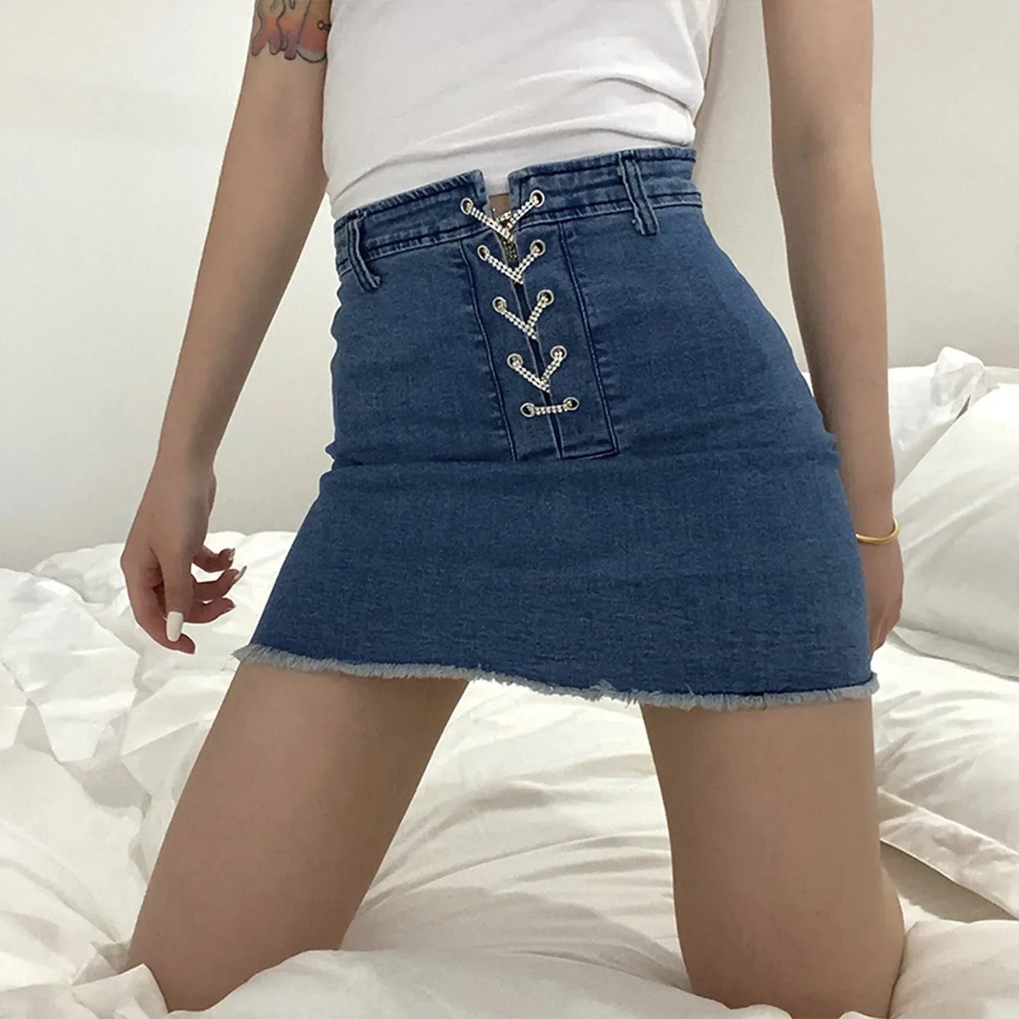 nvxiot  -  2024 Fashion Women's Sexy Chain Strap Lace-Up High Waist Bag Hip Stretch Bodycon Party Club Denim Mini Skirt Faldas Femininas