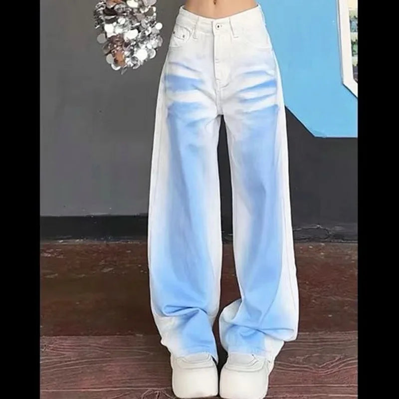 vzyzv  -  Tie Dye High Street Wide Leg Jeans Button Harakuju Denim Pants White Blue Hip Hop Baggy Trousers Plus Size Women's Retro Pants