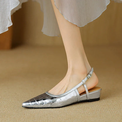 vzyzv -  Summer Sandals Retro Ladies Closed  Toe Slingbacks Shoes Spring Vintage Pointed Toe Shoes Wedge Heel Women Silver Sandals