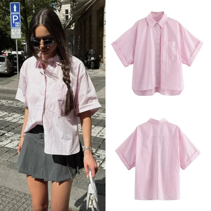 vzyzv -  summer new women's fashion commuter lapel roll-up short-sleeved pocket decoration poplin shirt