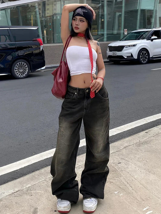 vzyzv  -  Streetwear Women'S Jeans Harajuku Cargo Pants Y2K Casual Denim Distressed Straight Wide Leg Trousers Female Korean 2024