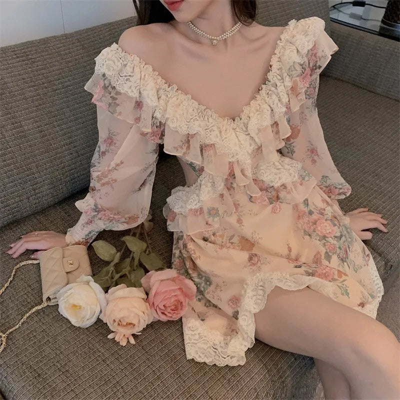 vzyzv  -  Spring New Flower Dress for Women Fairy Lace Ruffled V-Neck Irregular Long Sleeved Sweet Vestidos Retro Backless Short Vestidos