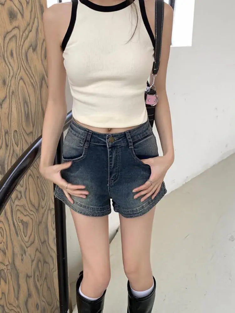 vzyzv -  New Spring Summer Women Vintage Blue High Waist Button Jeans Shorts Casual Female Blue Festival Denim Shorts Fashion Simplicity