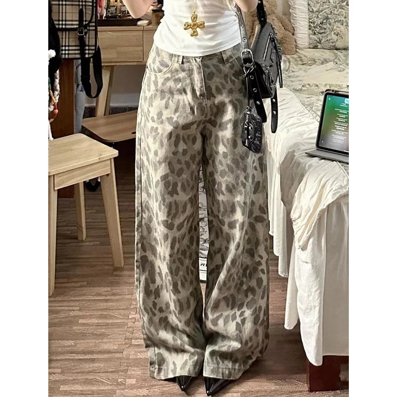 vzyzv  -  Womens Jeans High Waist Vintage Printing Straight LOOSE Denim Pants Streetwear American Classic Fashion Wide Leg Denim Trouser