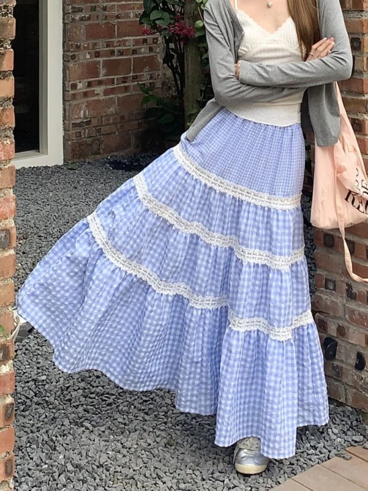 vzyzv  -  Blue Plaid Maxi Skirt Women Lace Patchwork Tiered Long Skirts for Women Korean Fashion High Wasit A-line Coquette Dress