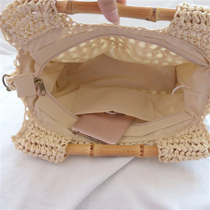 vzyzv -  Fashion Bamboo Handle Straw Bags Designer Women Handbags Luxury Wicker Woven Shoulder Bags Summer Beach Rattan Purses Large Tote