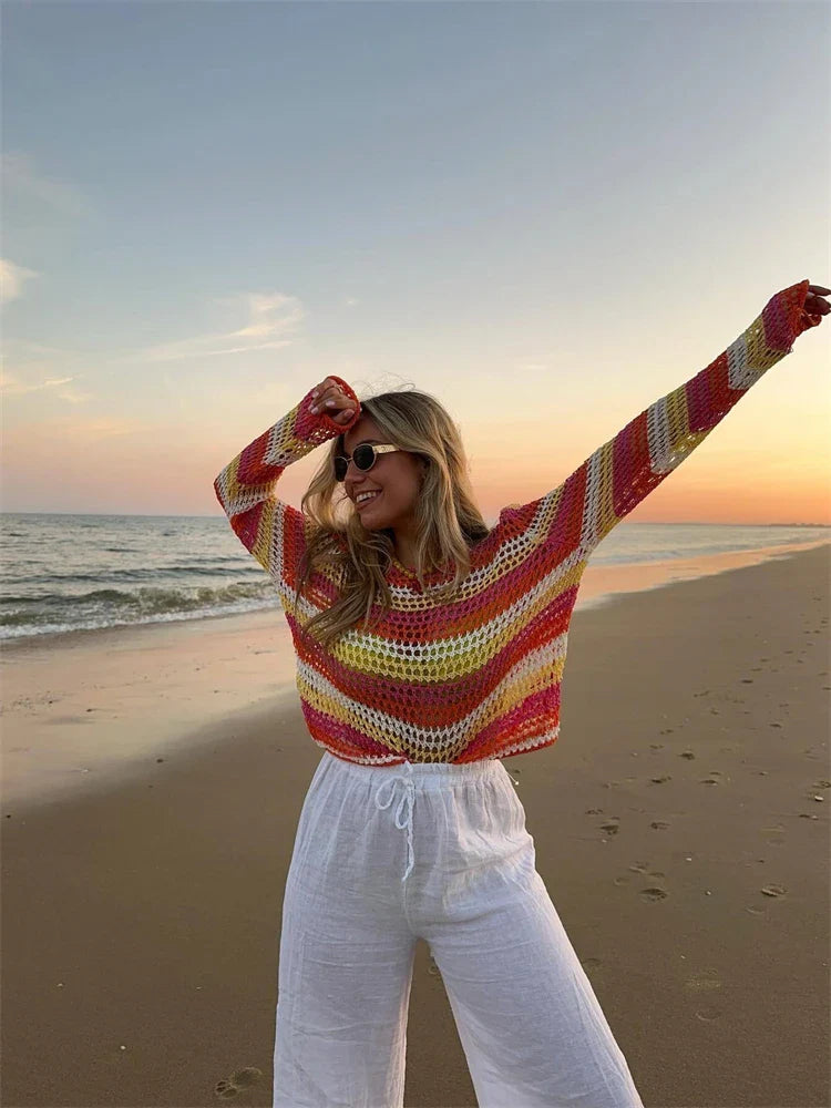 vzyzv -  New Summer Women's Casual Versatile Knitted Colored Stripe Long sleeved Round Neck Loose Knitted Top