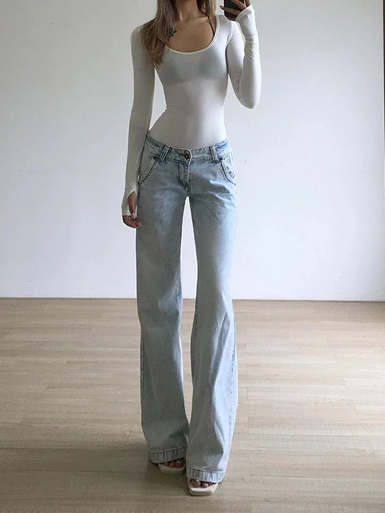 vzyzv  -  Light Blue Low Waist Jeans Woman Streetwear American Vintage Denim Pants Female Casual Washed Straight Pantalons Mujer