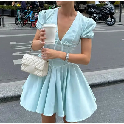 vzyzv  -  Women Elegant Satin Solid Lace Up Pleated Hem Dresses Chic V-neck High Waist A-line Mini Dress 2024 New Lady Evening Party Prom