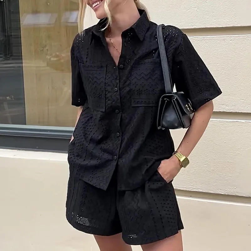 nvxiot  -  Fashion Lace Hollow Out Women Two Piece Sets Casual Lapel Button Shirt and Shorts Suit Elegant Solid Color Pockets Summer Outfit