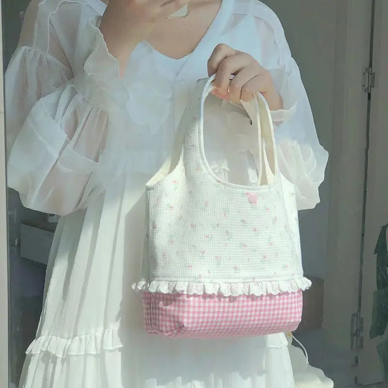 vzyzv  -  Korean Lace Plaid Flower Floral Handbag Tote Underarm Bags Women Commute Shoulder Bag