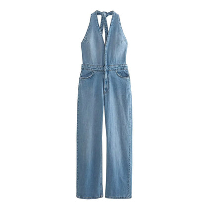 vzyzv  -  New Women Denim Jumpsuit Lace-up Sleeveless Jean Overalls Jumpsuits Backless Streetwear Female Fashion V-Neck Lady Rompers