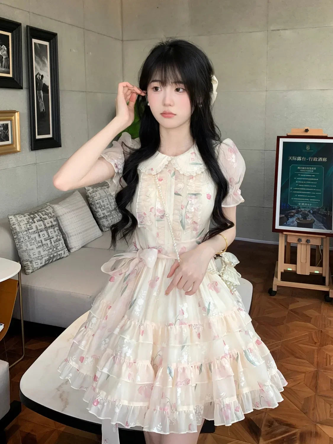 vzyzv  -  Sweet Elegant Lolita Mini Dress Women Summer Short Puff Sleeve Dollr Collar Fairy Dress Girls Y2k Korean Floral Dresses