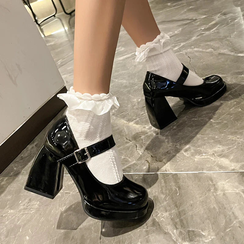 nvxiot  -   Patent Leather Platform Pumps Women Elegant Square Heels Mary Jane Shoes Woman Ankle Buckle High Heeled Shoes Female