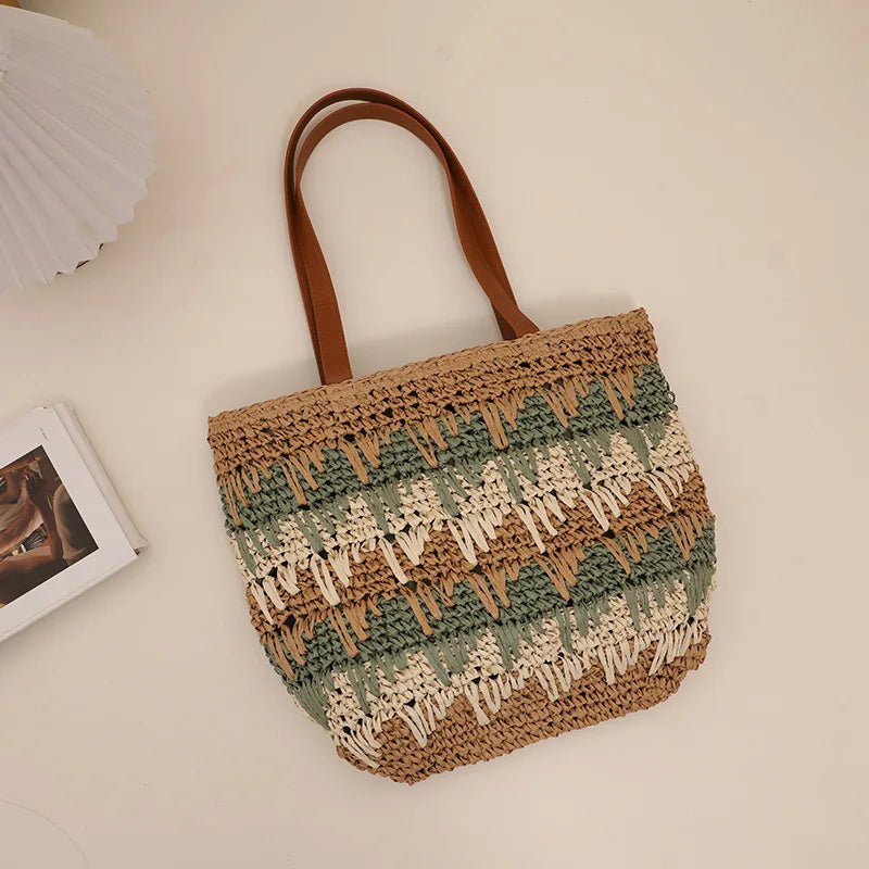 vzyzv -  New One Shoulder Grass Woven Bag Contrast Color Handmade Large Capacity Beach Vacation Leisure Summer Women's Bag