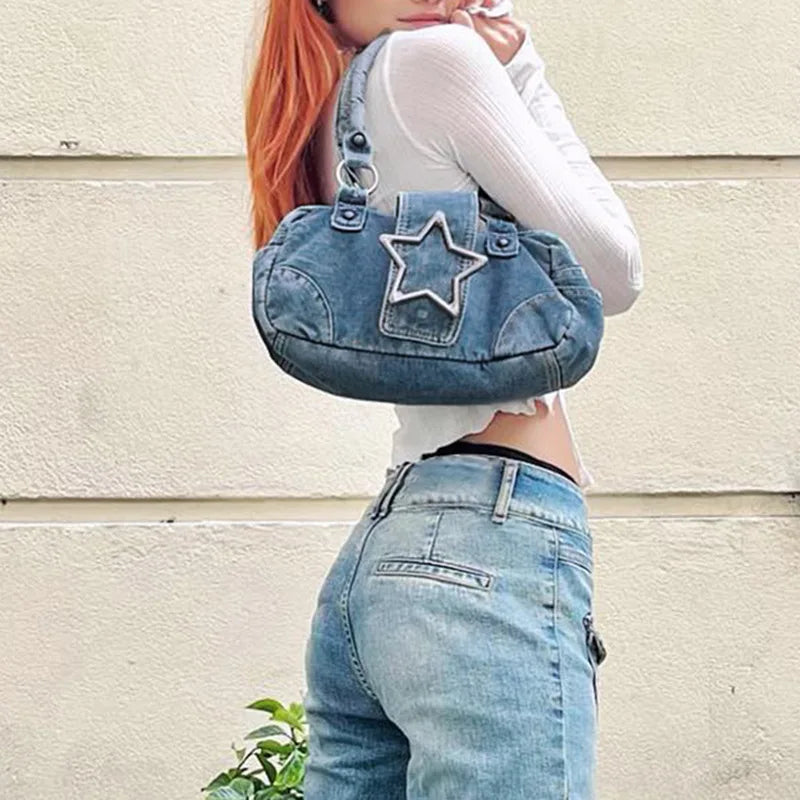 vzyzv  -  Korean Fashion Vintage Metal Star Aesthetic Denim Women Underarm Shoulder Bag New Y2k Streetwear Ladies Purses and Handbags