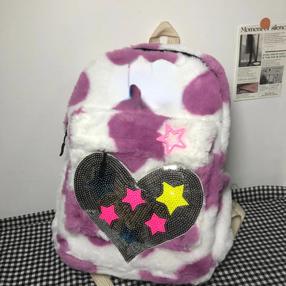 vzyzv  -  Korean Fashion Leopard School Backpack for College Students Y2k Star Patchwork Aesthetic Cute Girl Backpack  All Match Mochilas