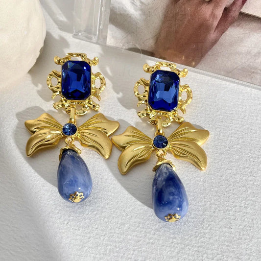 vzyzv  -  Vintage Retro Style Design Bowknot Earrings Rhinestone Handmade Blue Glass Geometric Dangle Drop Earrings for Women