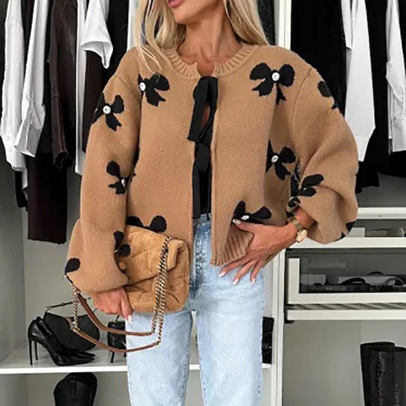 vzyzv  -  Lady Elegant Long Sleeve Commuter Sweater New Winter Fashion Butterfly Knot Printed Sweater Casual O Neck Lace Up Loose Cardigan