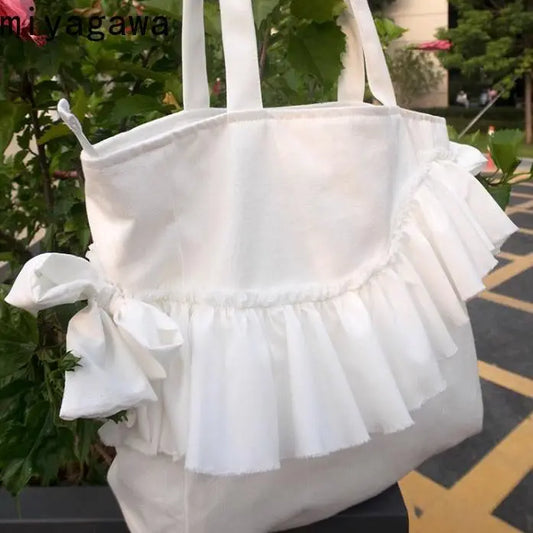 vzyzv  -  Sweet Lady Solid Tote Bags Bow Lace Shopping Korean Style Ruffle Bow Casual Canvas Shoulder Bag