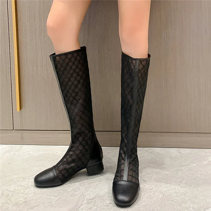 TAVIMART  -  Knee High Mesh Hollow Out Lace Women Boots Round Toe Low Heels Solid Color New Fashion Elegant Concise Sweet Sexy Female Shoes