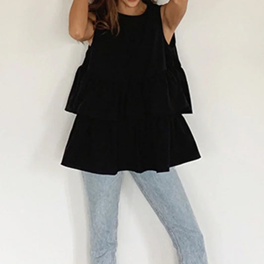 vzyzv  -  Black Sleeveless Women's New Fashion Summer Kawaii Round Neck T-shirt Top with Ruffled Cute Korean Loose Women's Vest Top