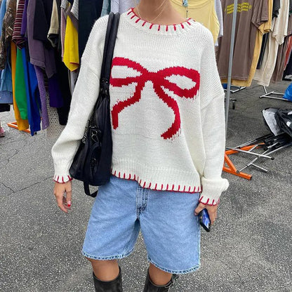 vzyzv  -  Autumn Bowknot Printed Knitted Women Sweater Casual O Neck Long Sleeve Contrast Color Female Pullover 2025 Fashion LadyOutwear