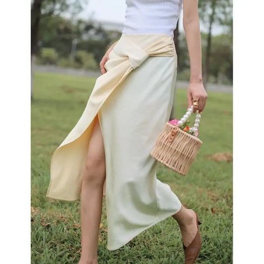 TAVIMART  -  Niche retro colour collision splicing high waist thin open a-line bustier skirt fashion women's skirt 2024