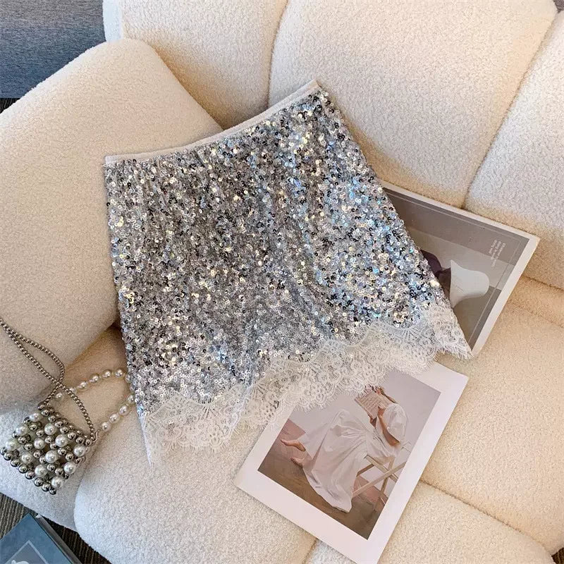 vzyzv -  Sexy Silvery Sequin Mini Skirt Lace Patchwork Tight Hip Wrap Skirt for Women Summer Fashion Lady Party Club A-line Skirt