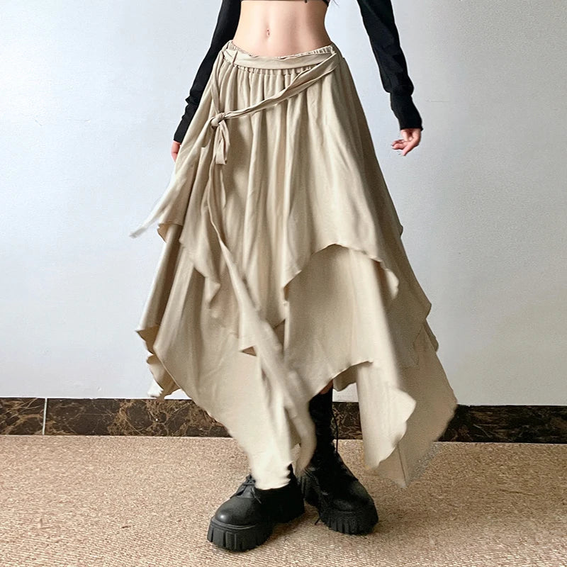 vzyzv  -  Grunge Style Asymmetrical Long Skirt Women Vintage Khaki Elastic Waist Lace-up A-line Skirt Loose Fit Korean Fashion