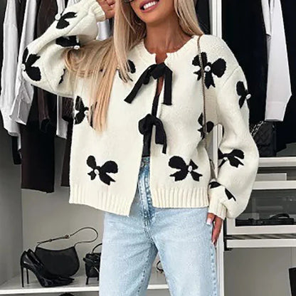 vzyzv  -  Lady Elegant Long Sleeve Commuter Sweater New Winter Fashion Butterfly Knot Printed Sweater Casual O Neck Lace Up Loose Cardigan