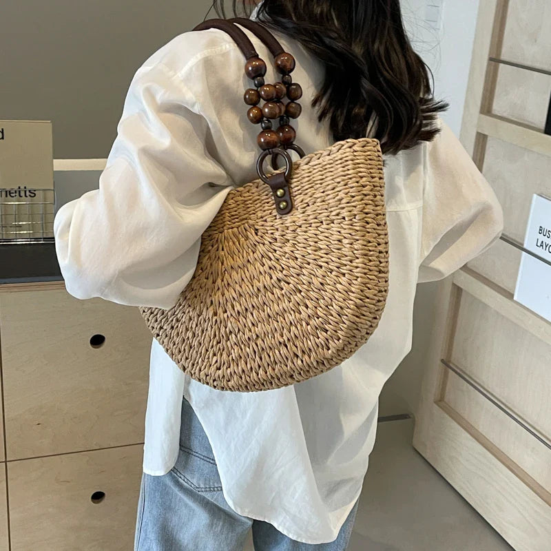 vzyzv -  Khaki Straw Bag For Women Half Moon Design Beach Shoulder Bag With Short Handle Tote Summer Travel Handbag Fashion Handmade Bag