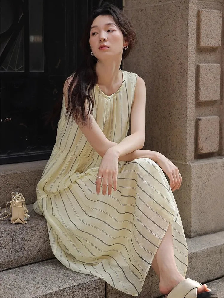 nvxiot  -  Loose Striped Dress 2024 Summer Small Fresh Round Neck Tie Fashion Casual Temperament Long Skirt