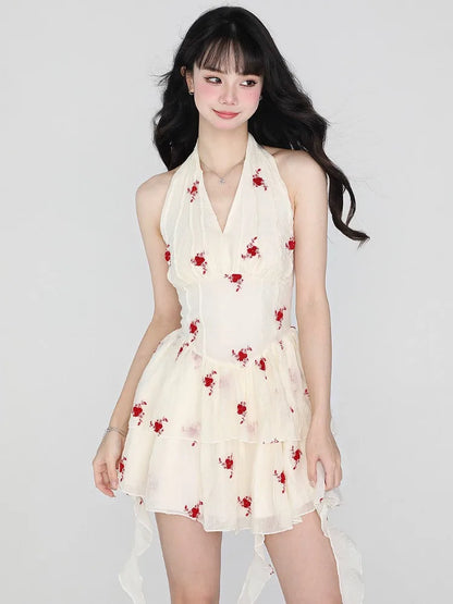 vzyzv -  Flower Print Halter Mini Dress Beige Sleeveless Backless Summer Birthday Dress for Women Irregular Fashion Sexy Dresses