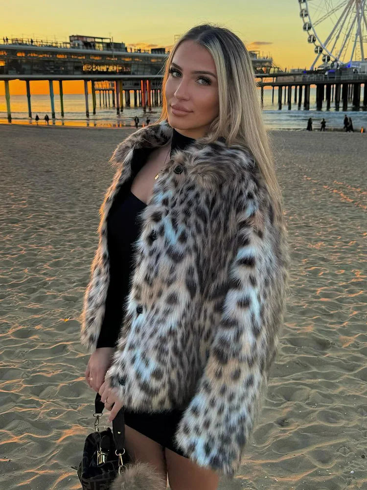 vzyzv  -  Winter Woman Lapel Long Sleeves Side Pockets Casual Coat Fashion Women Leopard Print Faux Fur Loose Slim Warm Coat Mujer