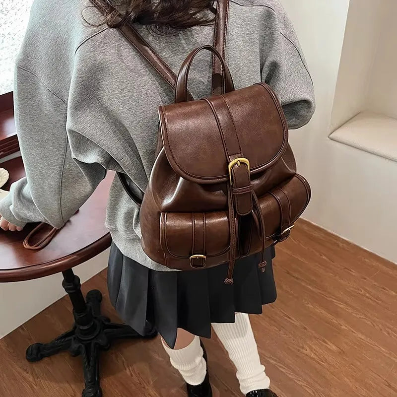 vzyzv  -  New Winter Retro Small Double Pockets PU Leather Backpack Women Fashion Solid College Student Bags Korean Travel Backpacks