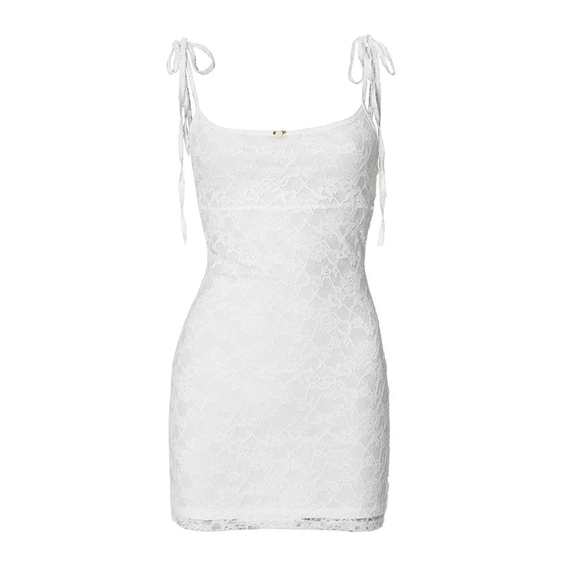 vzyzv  -  Sexy Elegant Lace Splicing Sleeveless Suspender Bandage Dress Women's Outfits White Beach holiday Bodycon Mini Dress New