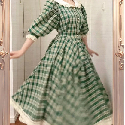 nvxiot  -   princess Retro French green check white flower lace v neck button short sleeve ruffles bow a line Antique evening dress24.6.6