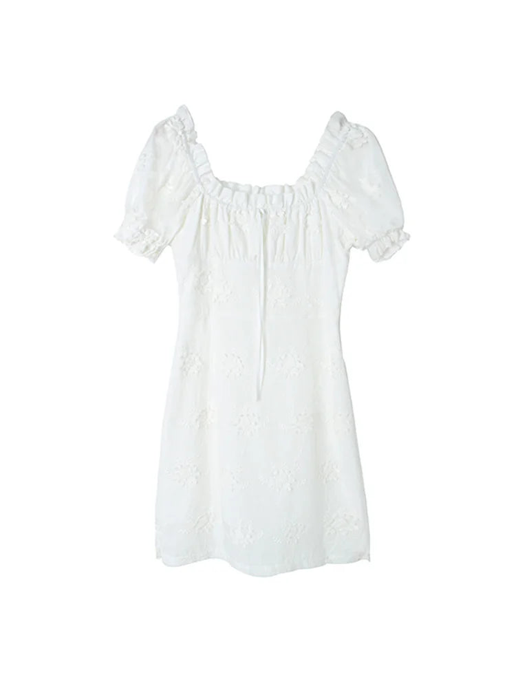 nvxiot  -  French White Moonlight Square Neck Bubble Sleeve Dress Women's Summer Lace Fragmented Short Skirt Women's Summer