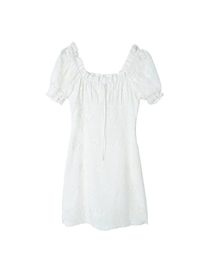 nvxiot  -  French White Moonlight Square Neck Bubble Sleeve Dress Women's Summer Lace Fragmented Short Skirt Women's Summer