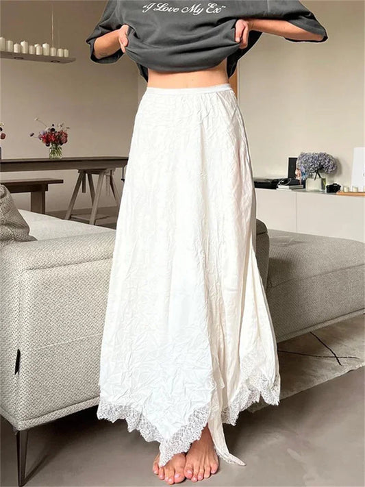 vzyzv  -  White Lace Patchwork Maxi Skirt Female High Waist Slim Elegant Solid Streetwear Autumn  For Women Long Skirt Clothes