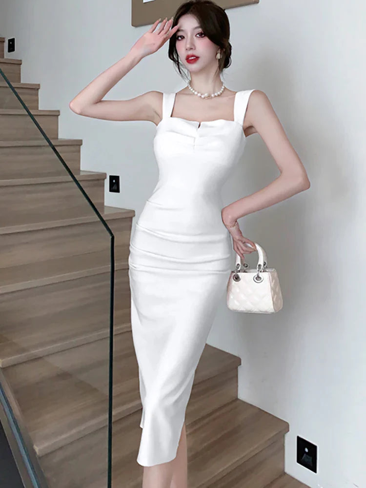 nvxiot  -  2024 Pink Bodycon Hip Wrap Dress Summer White Pleated Square Collar Sling Long Dress 2024 Black Elegant Sexy Club Evening Dress