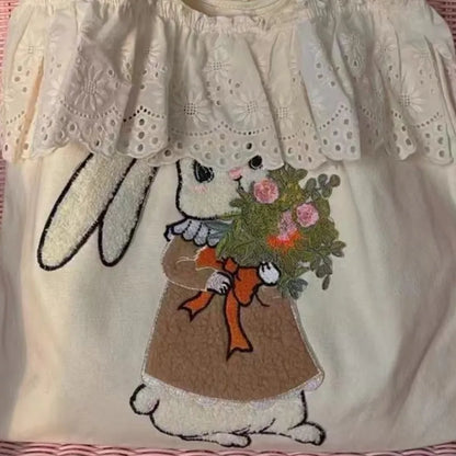 vzyzv  -  Rabbit Embroidery Beige Shoulder Bags Women Lolita Cute Lace Large Capacity Tote Bag Handbag Female Canvas Underarm Bag