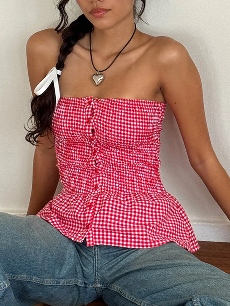 vzyzv  -  Y2k Red Gingham Crop Top Womean Sexy Strapless Ruffle Hem Sleeveless Button Cami Coquette Aesthetic Plaid Print Crop Top Summer